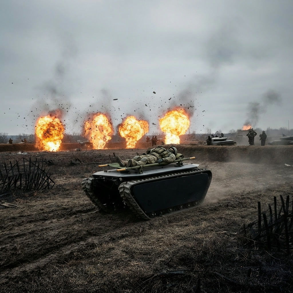 Fenris V2 carrying a casualty on a gurney attachment across a scorched field as explosions go off behind it.