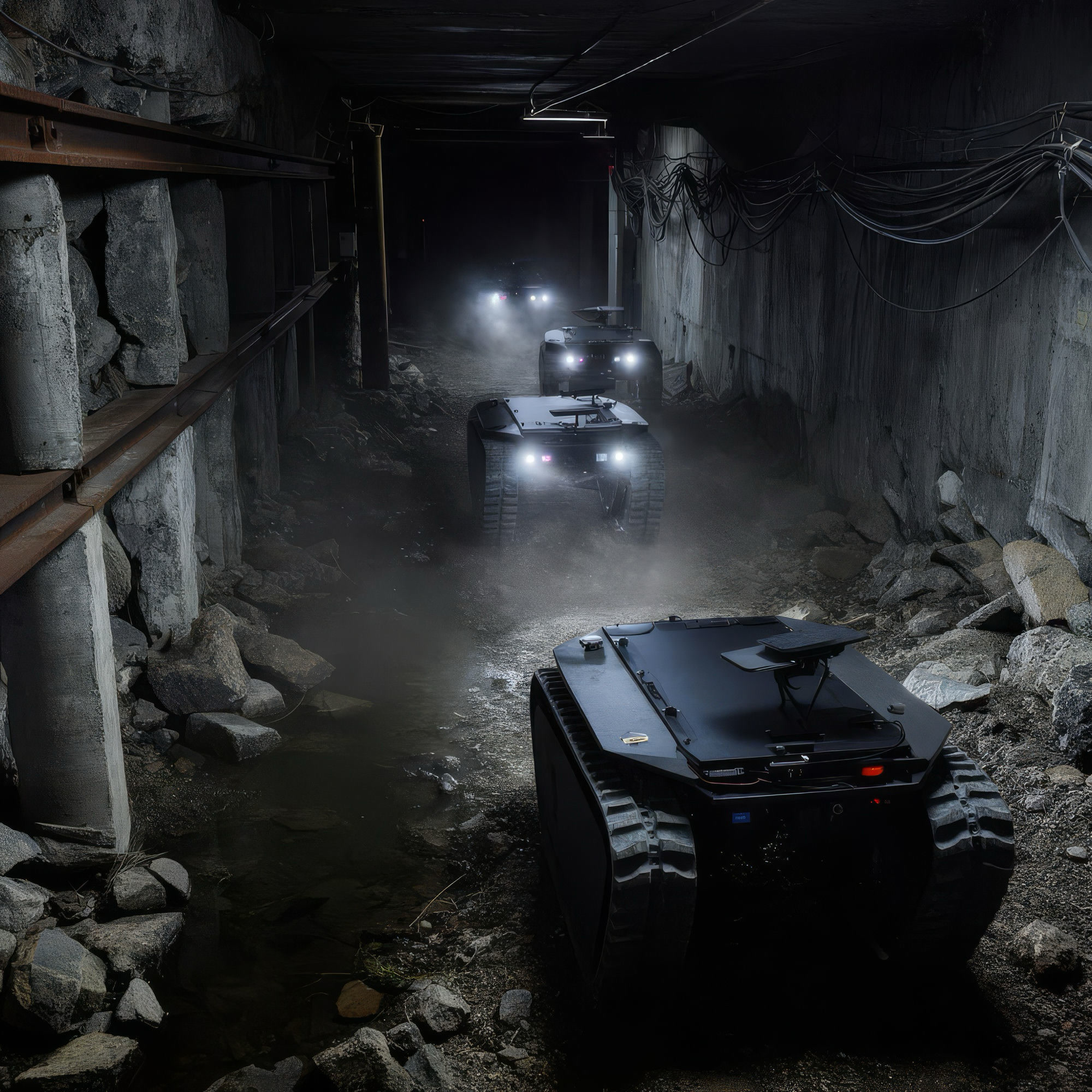 Three Fenris units in convoy through a dim mine tunnel, headlights on, dust hanging in the air.