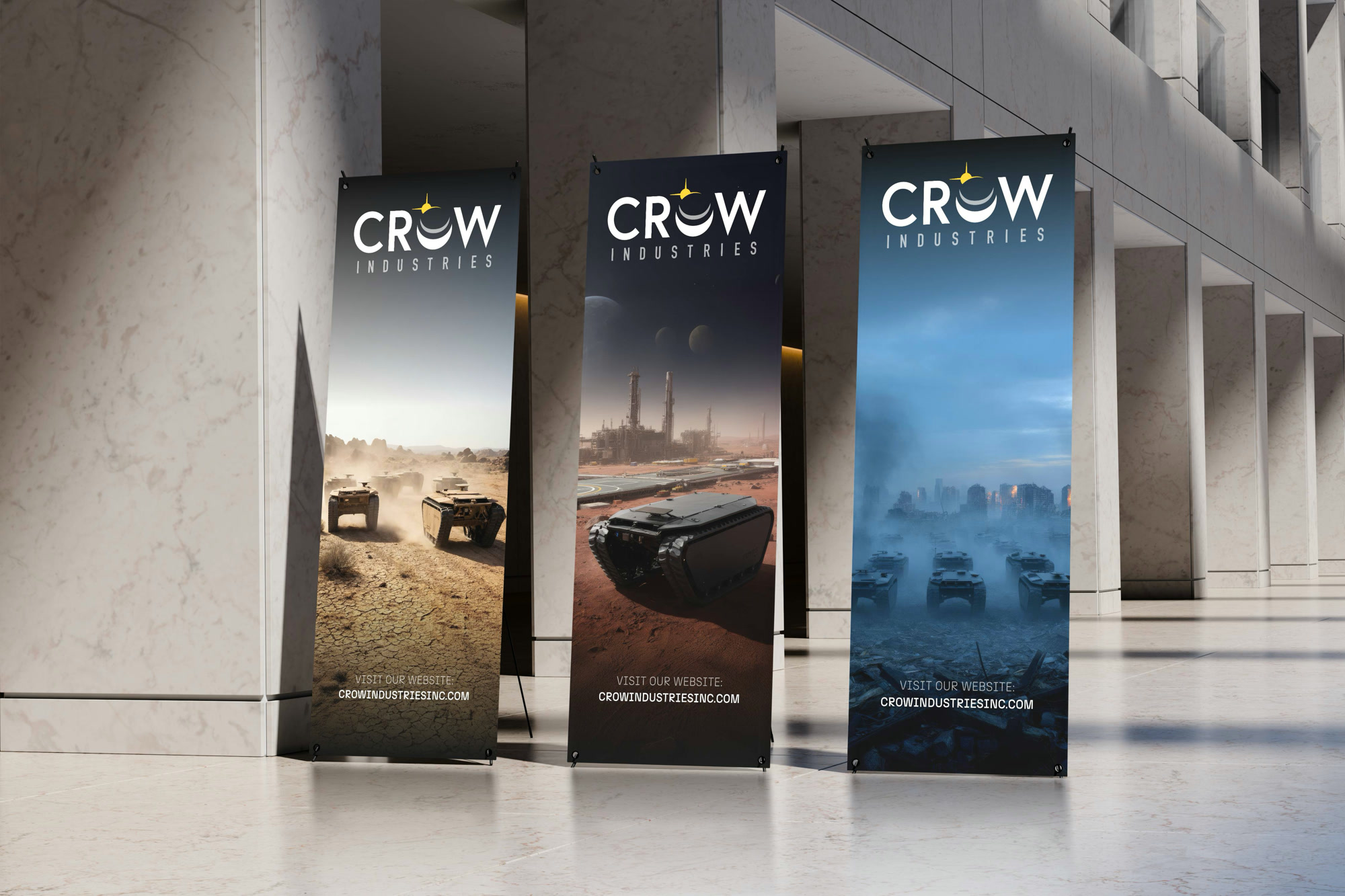 Three Crow Industries roll-up banners in a marble lobby: Fenris units in desert, Mars-colony, and ruined-city scenes, each with the Crow logotype and website URL.