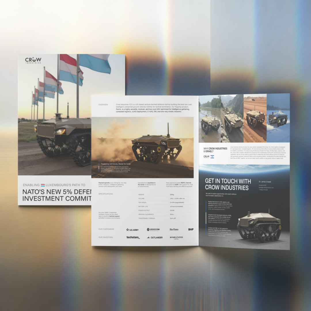 Crow Industries government briefing document: the Luxembourg NATO defense-investment cover with Fenris beneath state flags, and the open spread with specifications, customers, and the Israel partnership page.