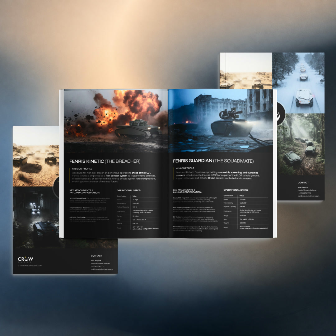 Crow Industries product catalog spreads: Fenris Kinetic (The Breacher) and Fenris Guardian (The Squadmate) pages with mission profiles and operational specs, beside the photo-led cover.