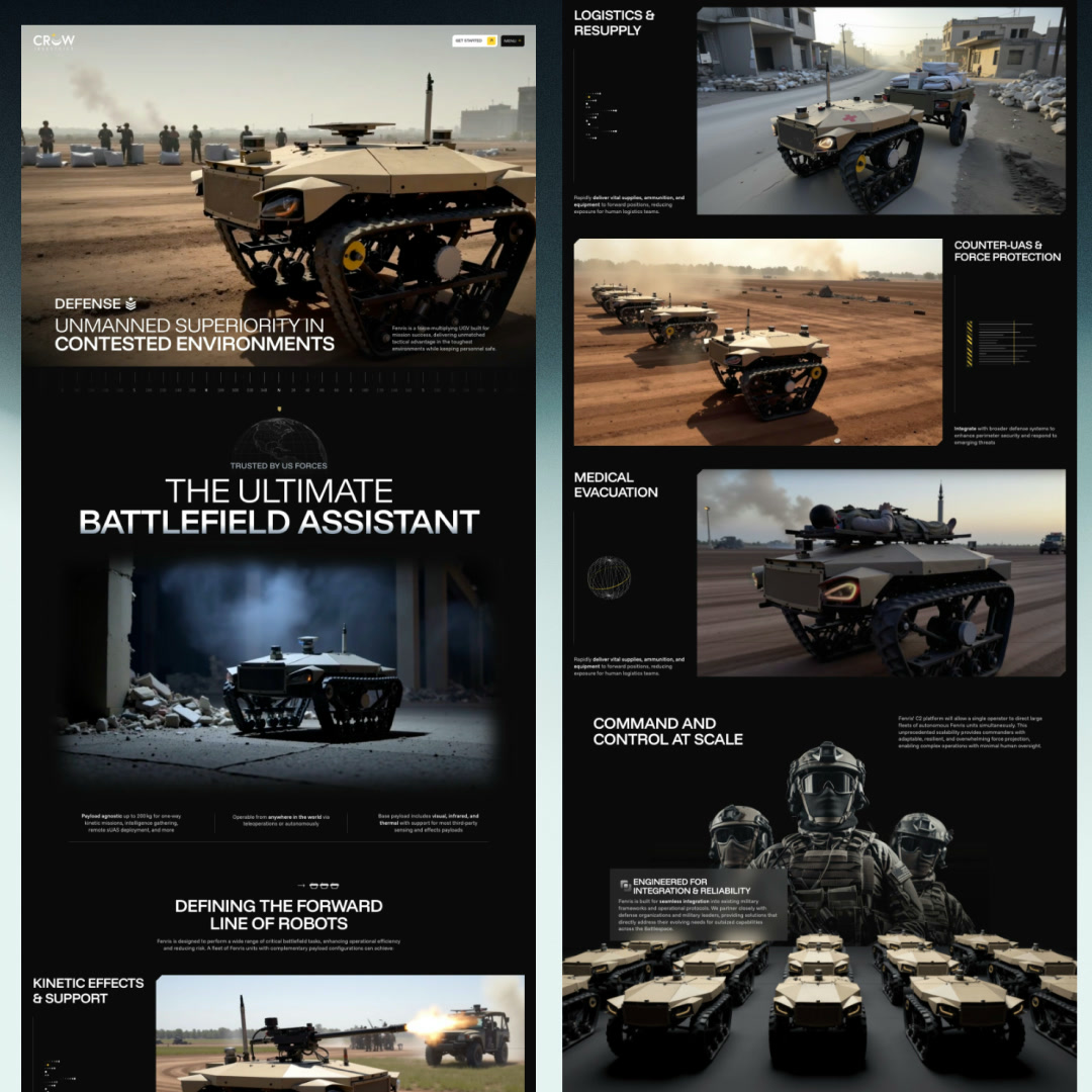Two Defense pages of the Crow Industries site side by side: the Fenris hero, “The Ultimate Battlefield Assistant”, and the logistics, counter-UAS, medical evacuation and command-and-control sections.