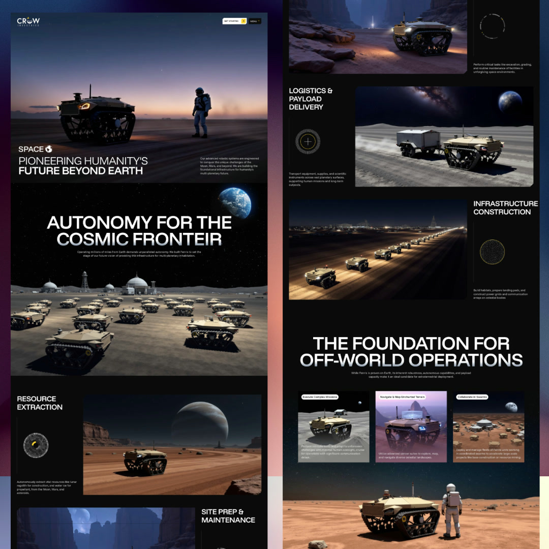 Two Space pages of the Crow Industries site: “Pioneering Humanity’s Future Beyond Earth”, a Fenris fleet on the lunar surface, resource extraction, logistics, and off-world operations.