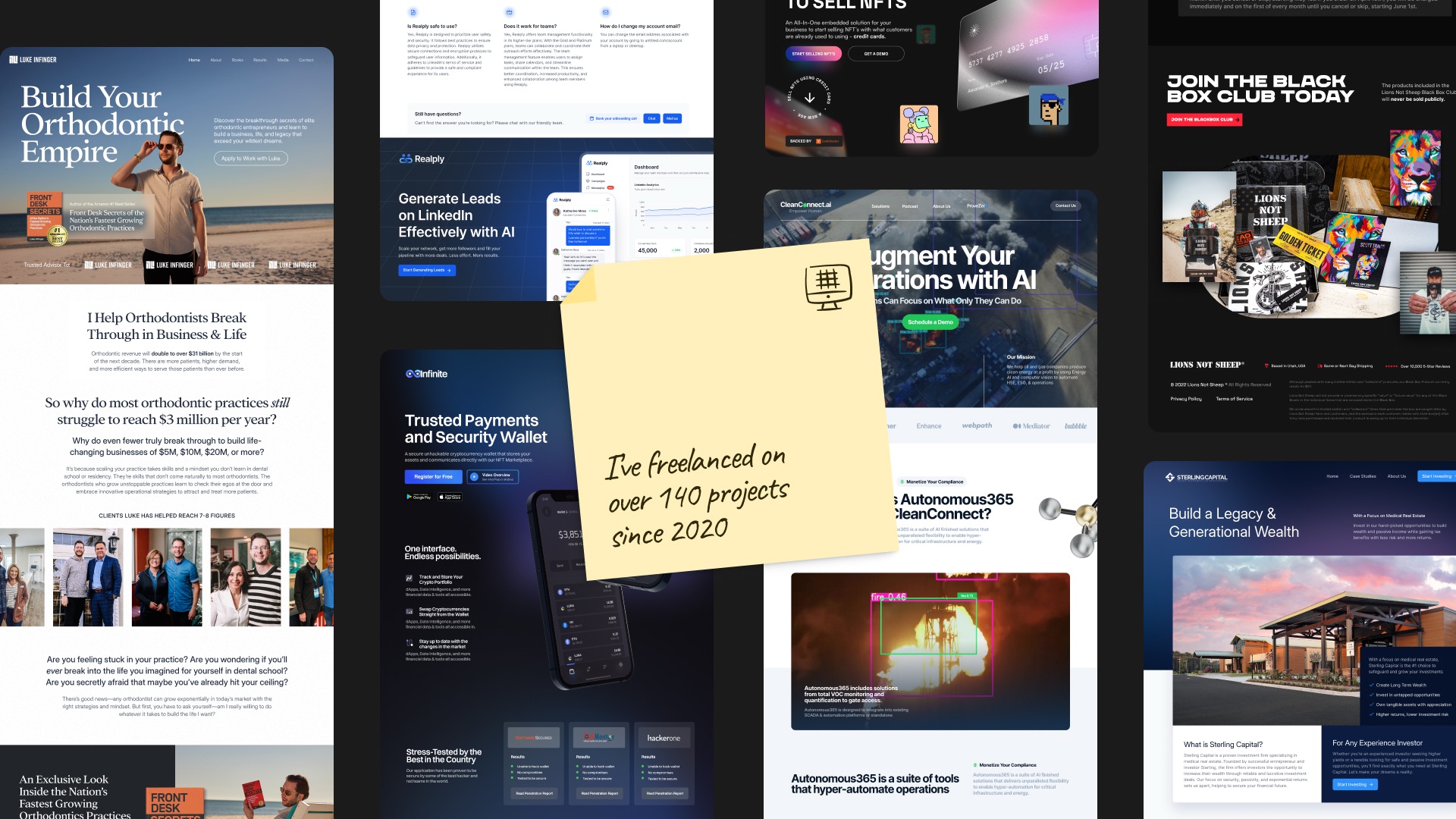 A grid of freelance client work — landing pages and product sites for Luke Infinger, Realply, CleanConnect.ai, Infinite, Lions Not Sheep and Sterling Capital — with a note reading “I’ve freelanced on over 140 projects since 2020”.