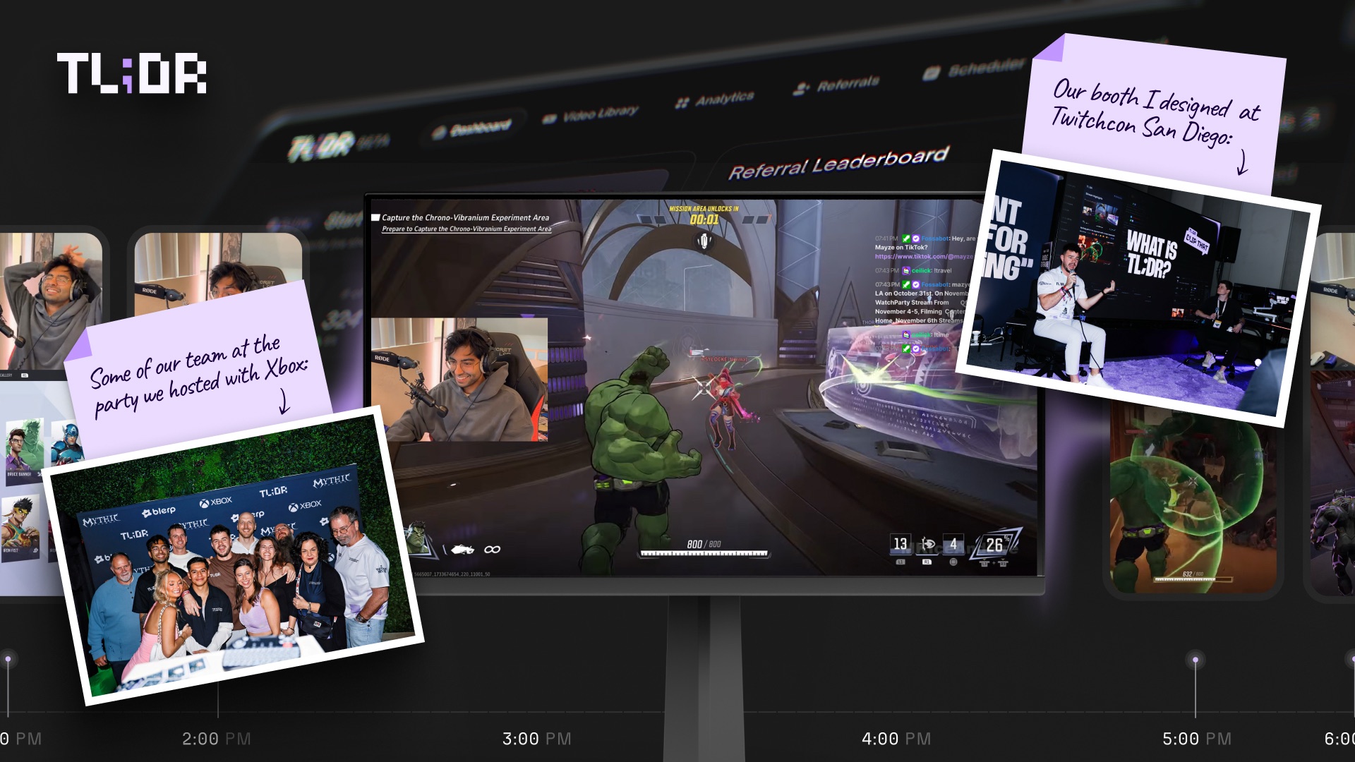 The TL;DR product and team: a live gameplay stream centre-frame with the creator dashboard behind it and generated highlight clips either side, plus photos of the booth designed for TwitchCon San Diego and the team at a party hosted with Xbox.