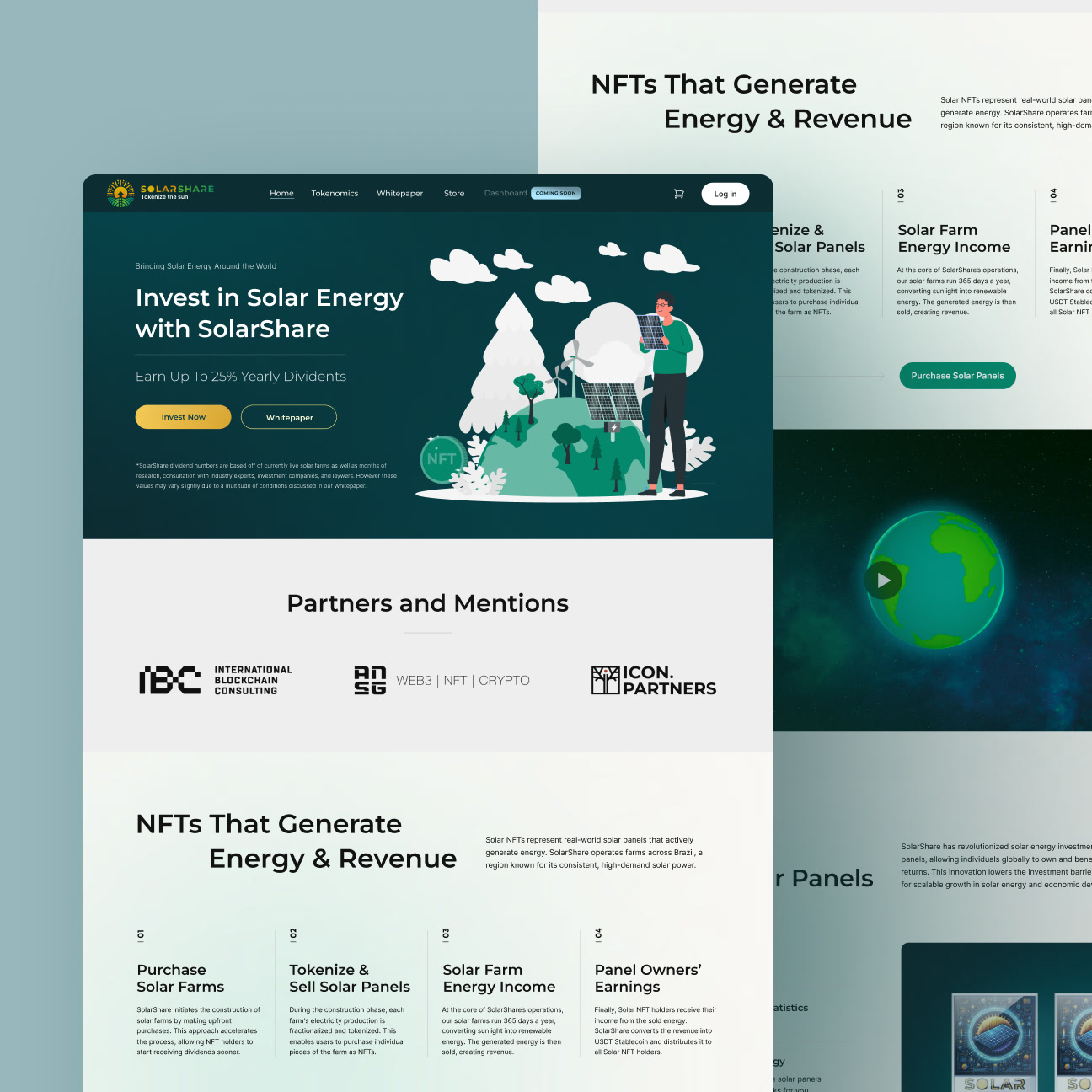 The original SolarShare site: teal hero with flat illustration, ‘Invest in Solar Energy with SolarShare’, and the NFT-led sections beneath.