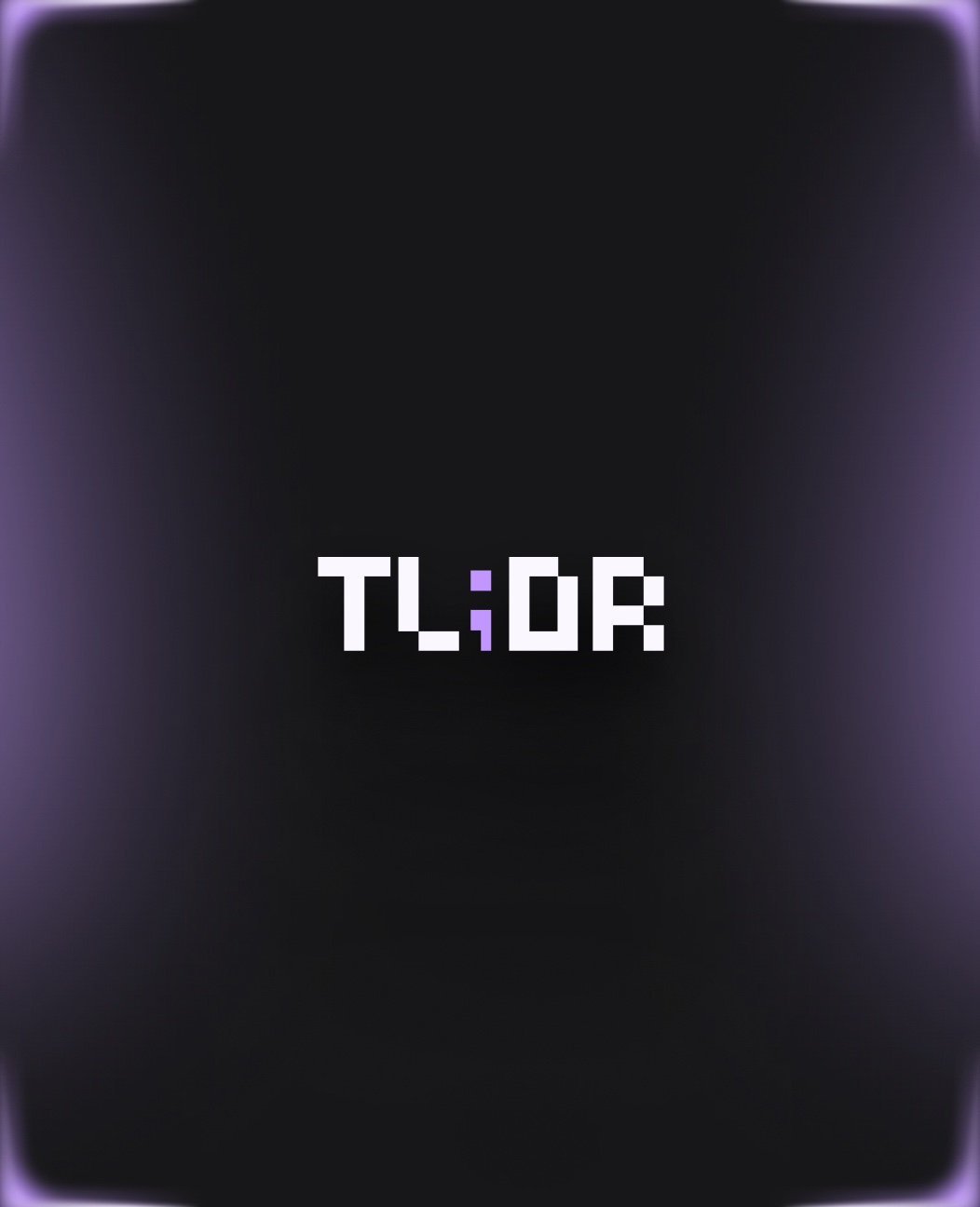 The TL;DR brand system: pixel logotype on black with a purple glow.