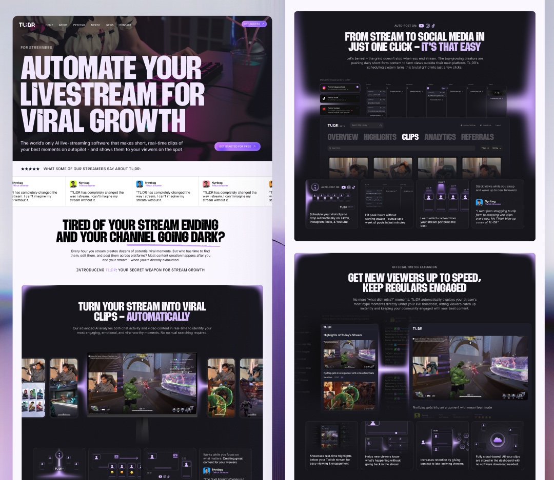 TL;DR website pages: the streamer landing page, social scheduling, and the Twitch extension section.