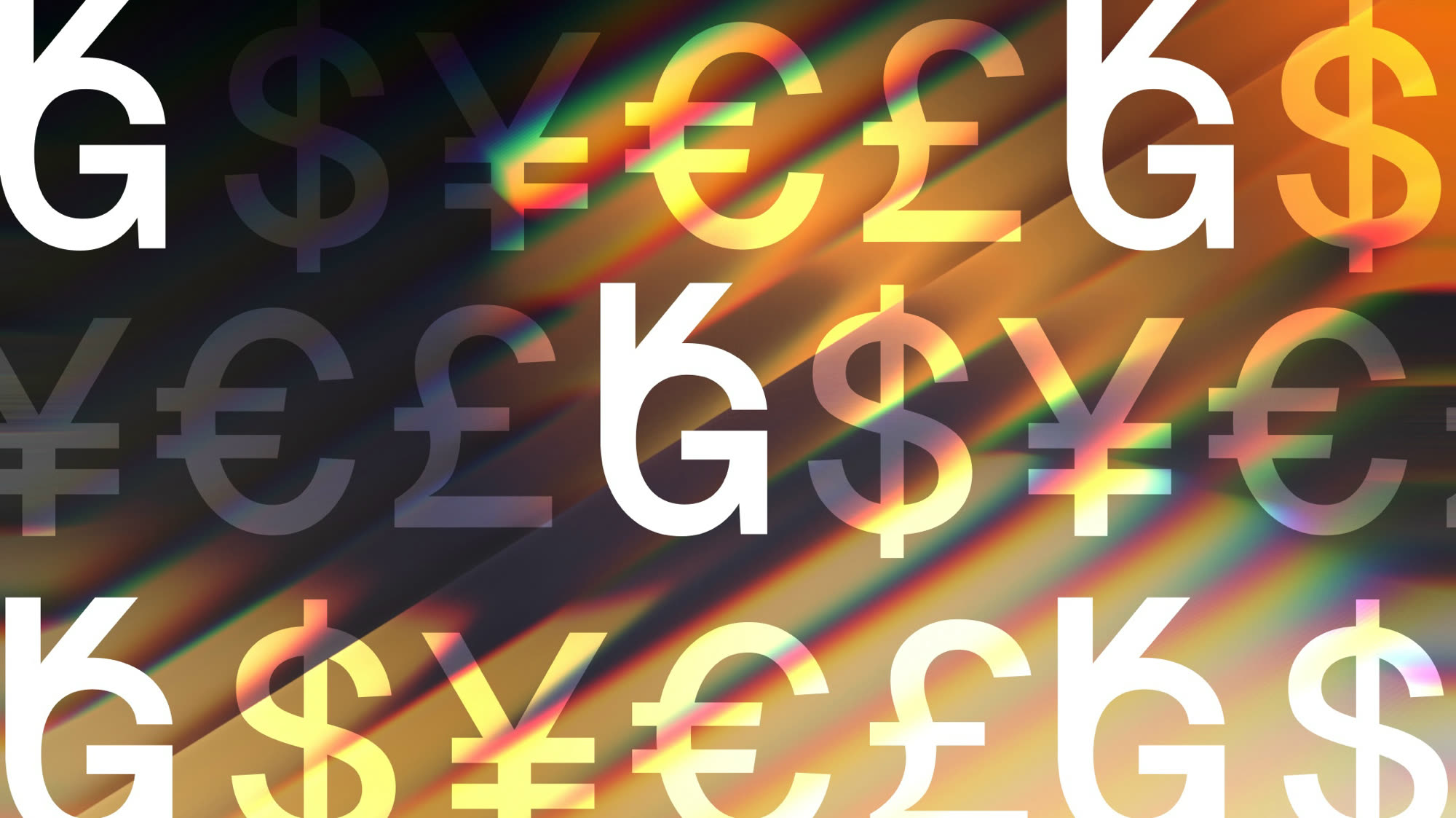 Brand pattern: the Gold Dollar KG mark set among dollar, euro, pound, and yen symbols over prismatic gold light.