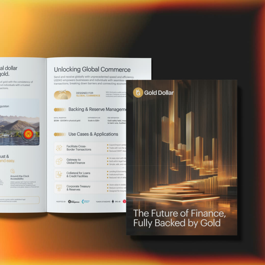 Gold Dollar pitch deck: an open spread on global commerce and reserve management beside the 'Future of Finance, Fully Backed by Gold' cover.