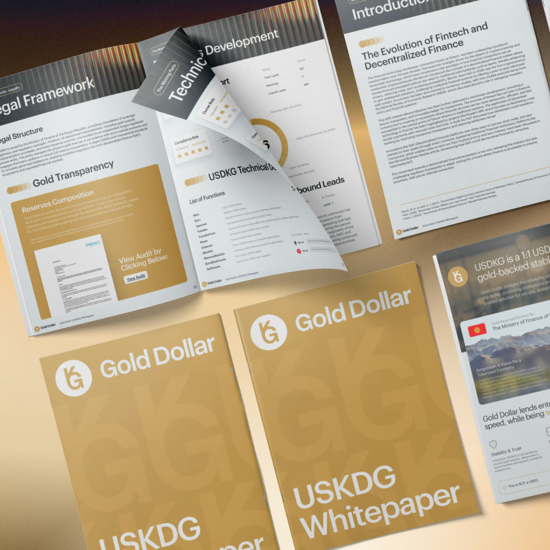 The USDKG whitepaper suite: gold covers and open spreads covering the legal framework, technical development, and gold transparency.